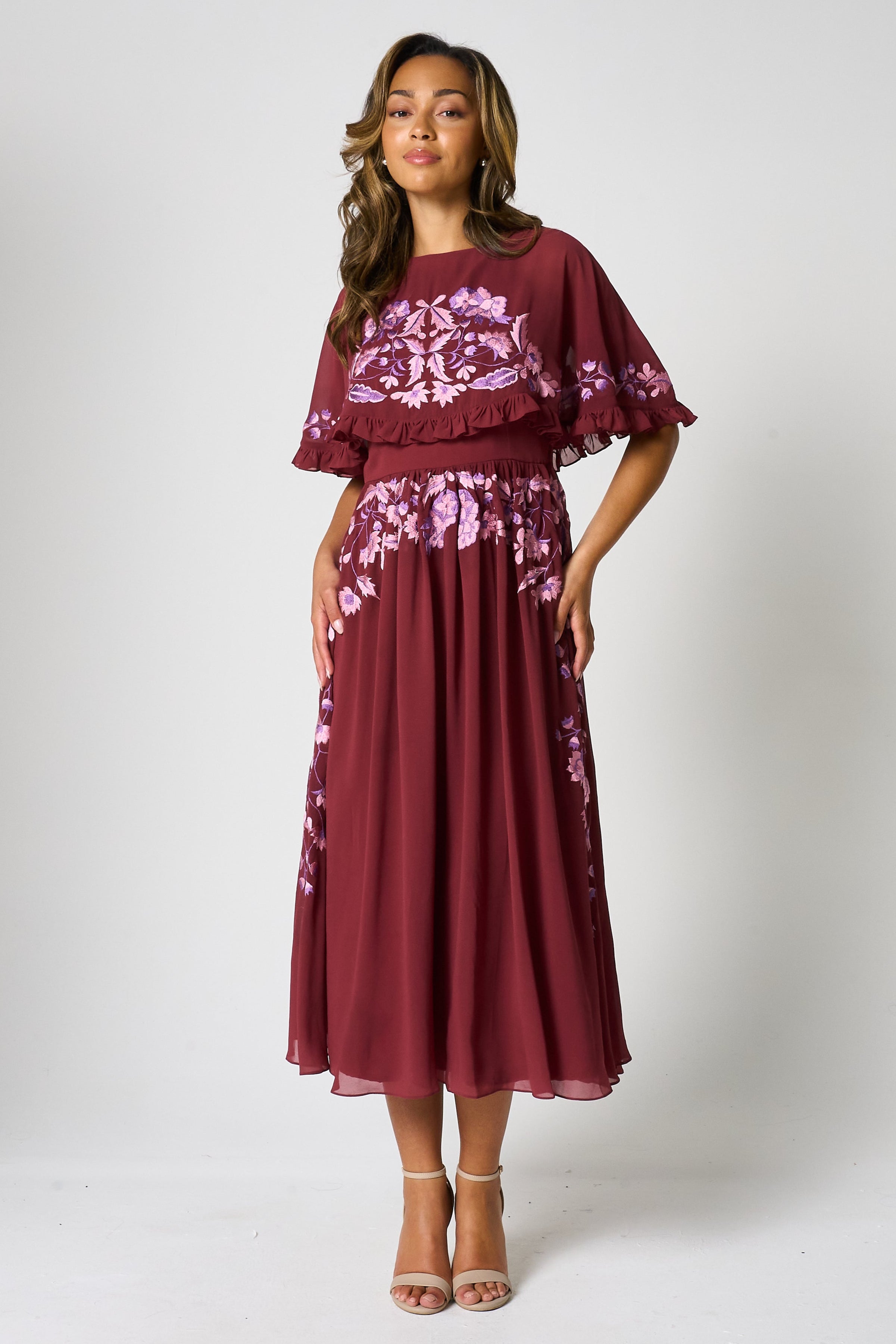 burgundy embroidered dress Evelyn Embroidered Dress: Burgundy