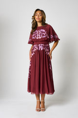 Scarlett Burgundy Embroidered Midi Dress with Cape Detail