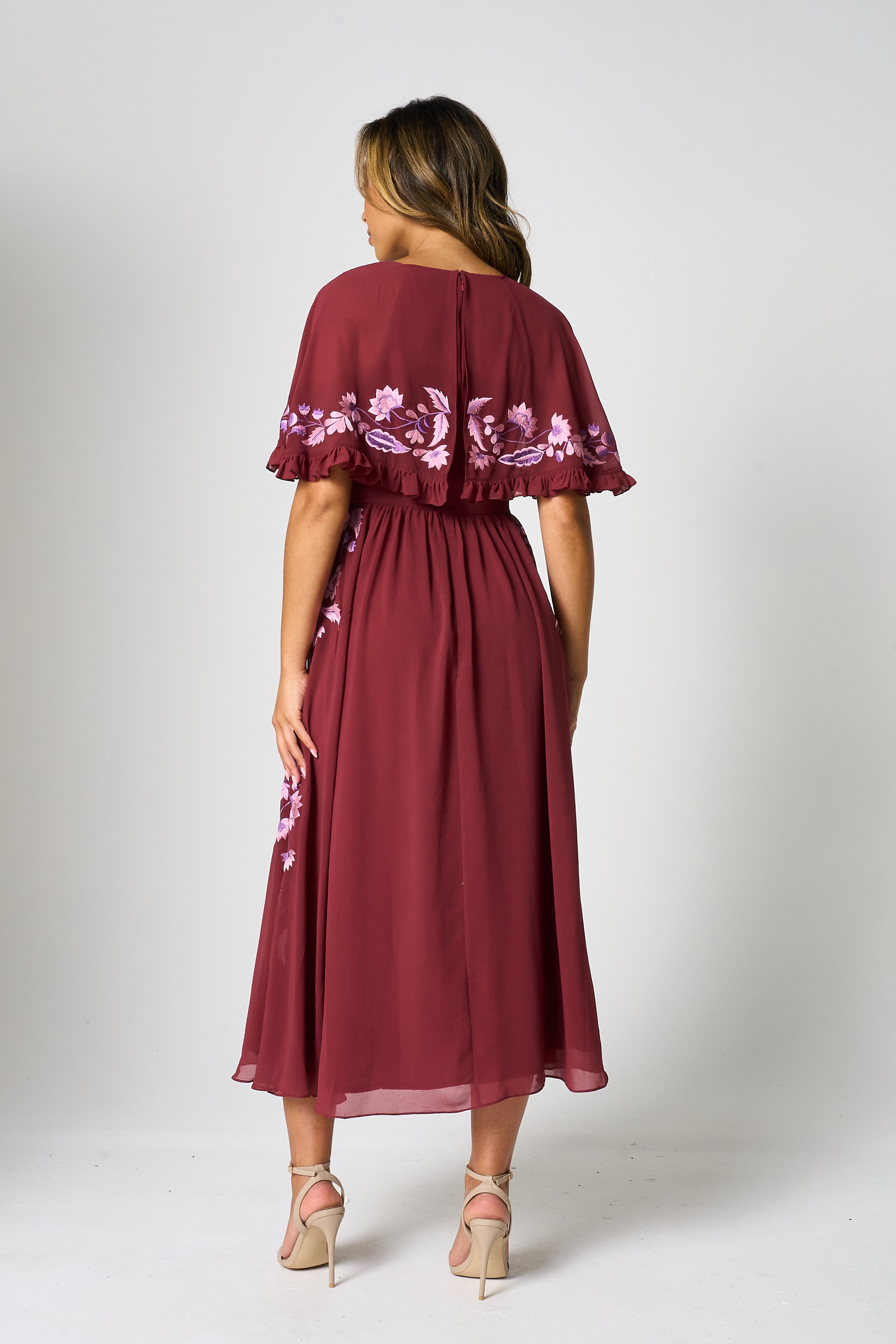 Scarlett Burgundy Embroidered Midi Dress with Cape Detail