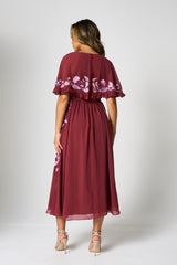 Scarlett Burgundy Embroidered Midi Dress with Cape Detail