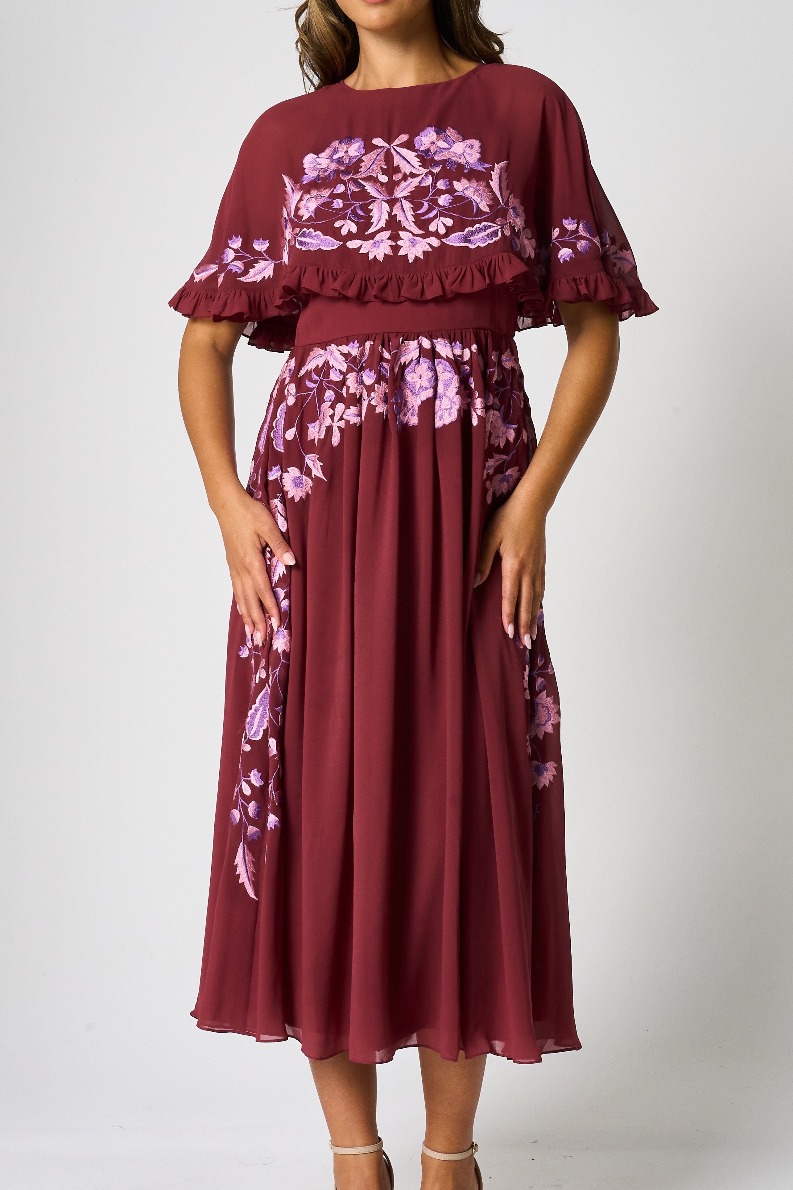 Scarlett Burgundy Embroidered Midi Dress with Cape Detail