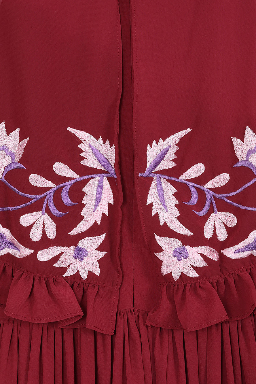 Scarlett Burgundy Embroidered Midi Dress with Cape Detail Frock and Frill Scarlett Burgundy Embroidered Midi Dress with Cape Detail Frock and Frill