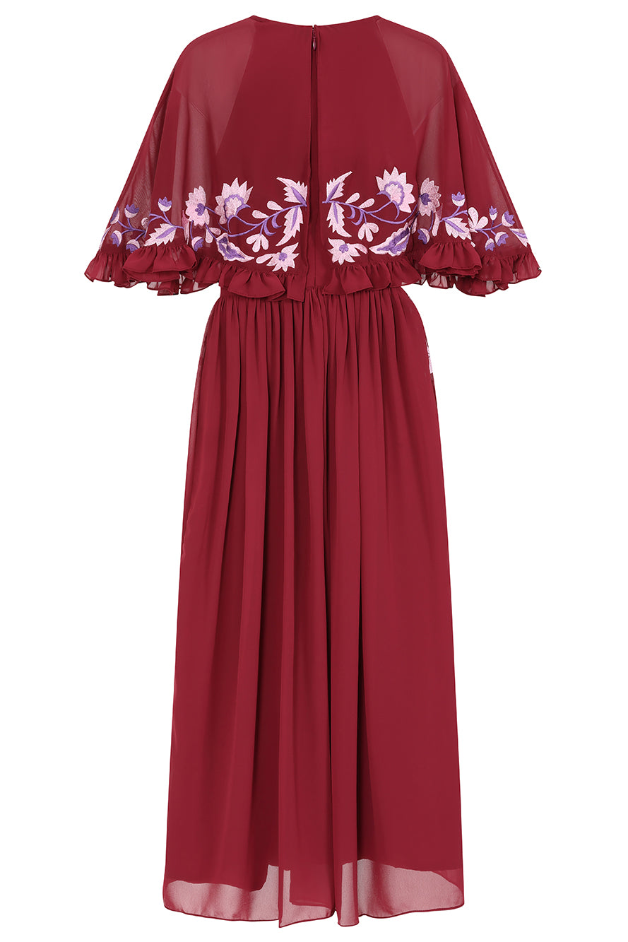 Scarlett Burgundy Embroidered Midi Dress with Cape Detail Frock and Frill Scarlett Burgundy Embroidered Midi Dress with Cape Detail Frock and Frill