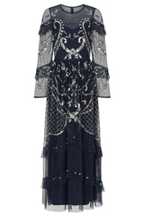 Selene Navy Embellished Maxi Dress by Frock and Frill with full-length sleeves, delicate beadwork, and flowing floor-length design for weddings and evening events