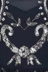 Selene Navy Embellished Maxi Dress by Frock and Frill with full-length sleeves, delicate beadwork, and flowing floor-length design for weddings and evening events