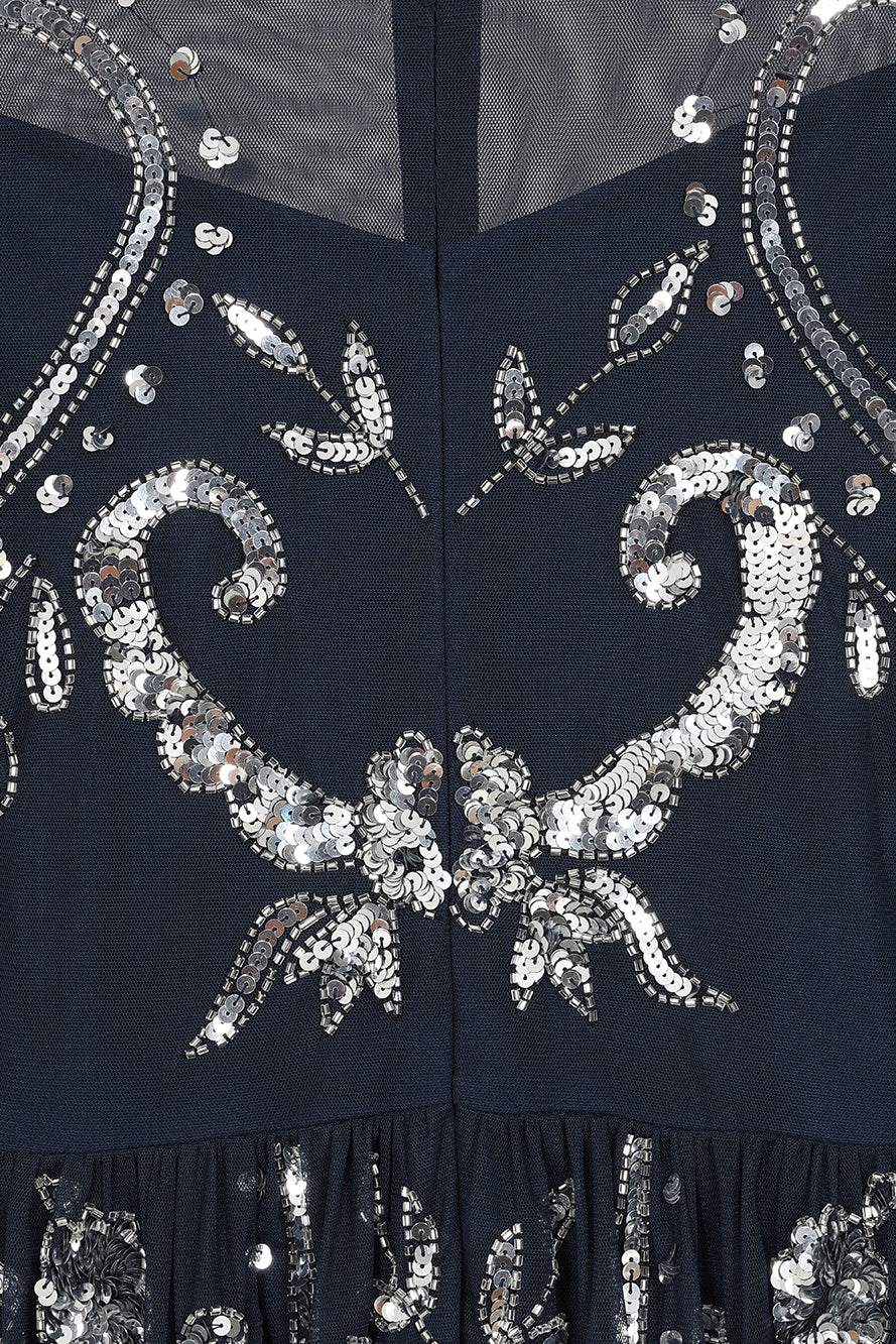 Selene Navy Embellished Maxi Dress by Frock and Frill with full-length sleeves, delicate beadwork, and flowing floor-length design for weddings and evening events