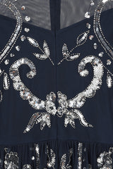 Selene Navy Embellished Maxi Dress by Frock and Frill with full-length sleeves, delicate beadwork, and flowing floor-length design for weddings and evening events