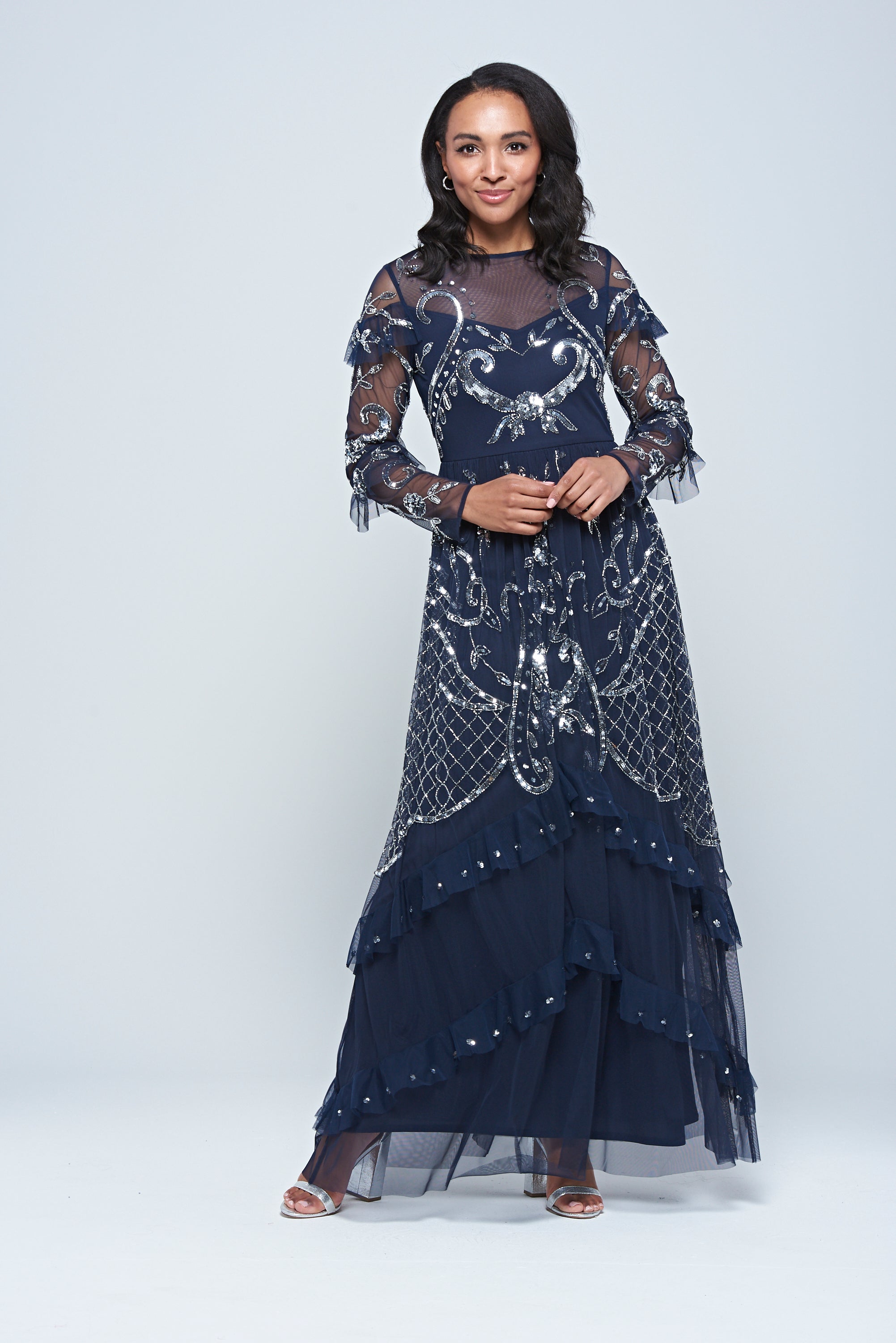 Selene Navy Embellished Maxi Dress by Frock and Frill with full-length sleeves, delicate beadwork, and flowing floor-length design for weddings and evening events