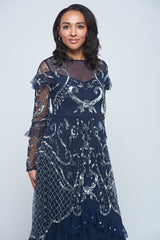 Selene Navy Embellished Maxi Dress by Frock and Frill with full-length sleeves, delicate beadwork, and flowing floor-length design for weddings and evening events