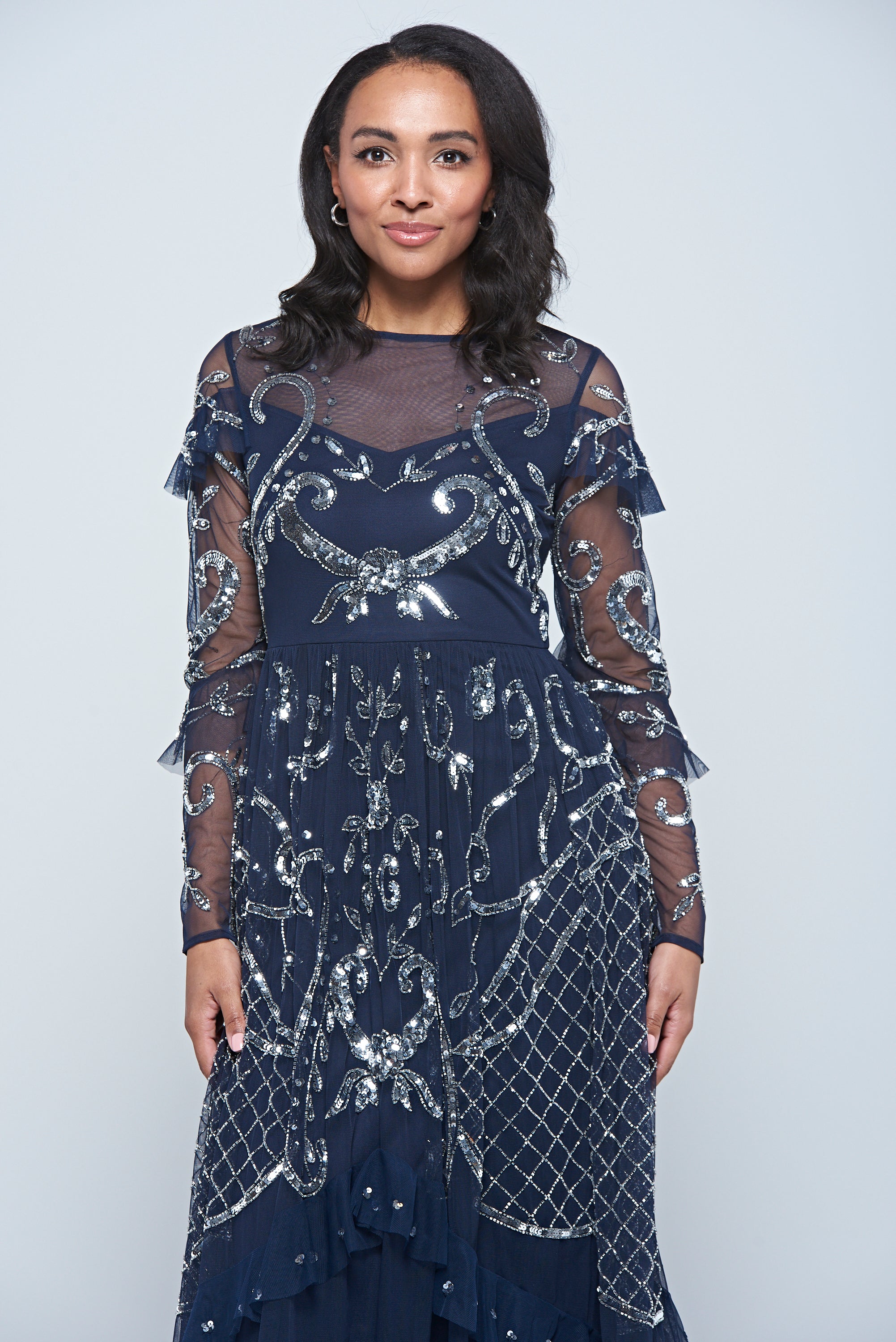 Selene Navy Embellished Maxi Dress by Frock and Frill with full-length sleeves, delicate beadwork, and flowing floor-length design for weddings and evening events