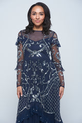 Selene Navy Embellished Maxi Dress by Frock and Frill with full-length sleeves, delicate beadwork, and flowing floor-length design for weddings and evening events