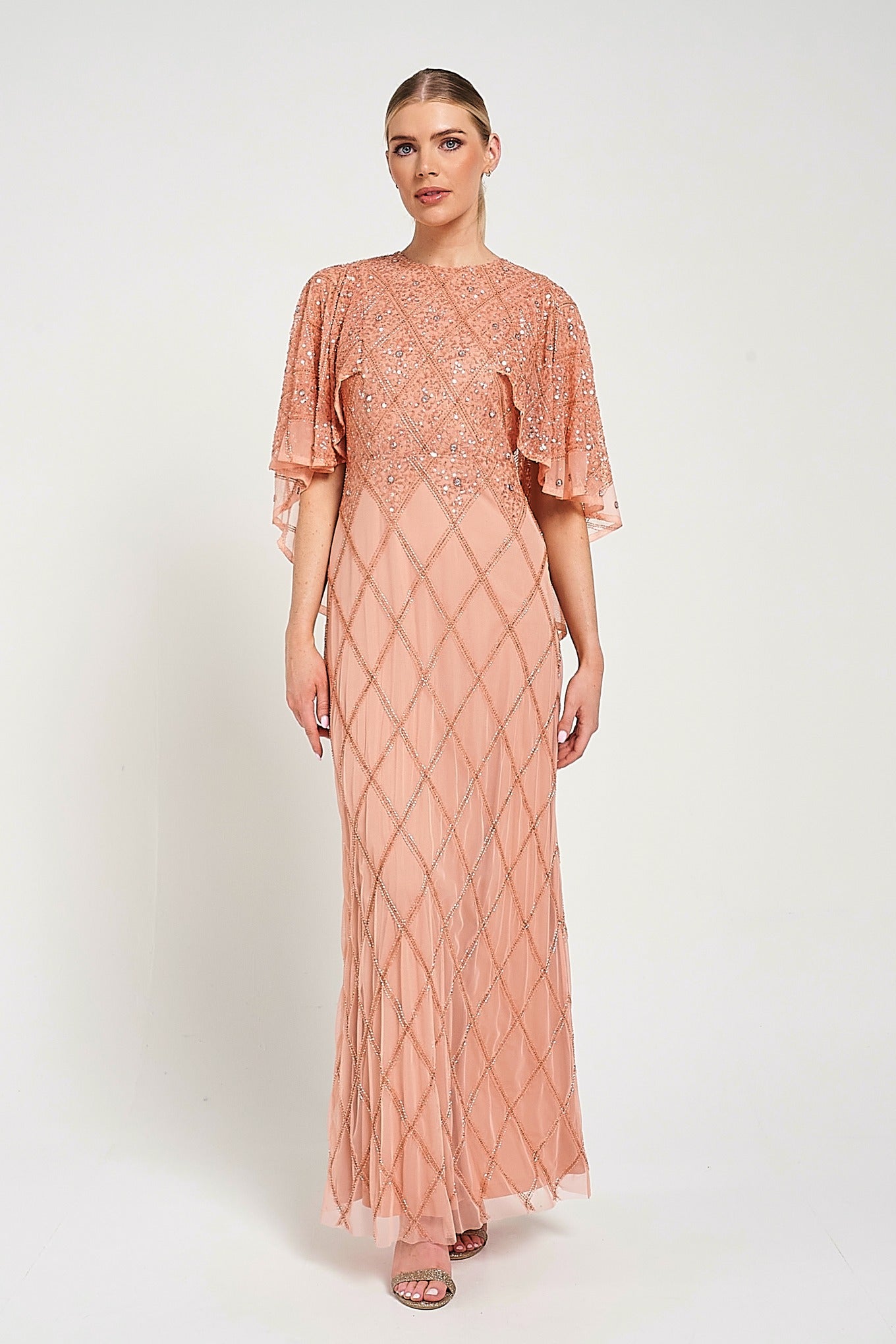Selina Peach Embellished Cape Detail Maxi Dress Frock and Frill Selina Peach Embellished Cape Detail Maxi Dress Frock and Frill