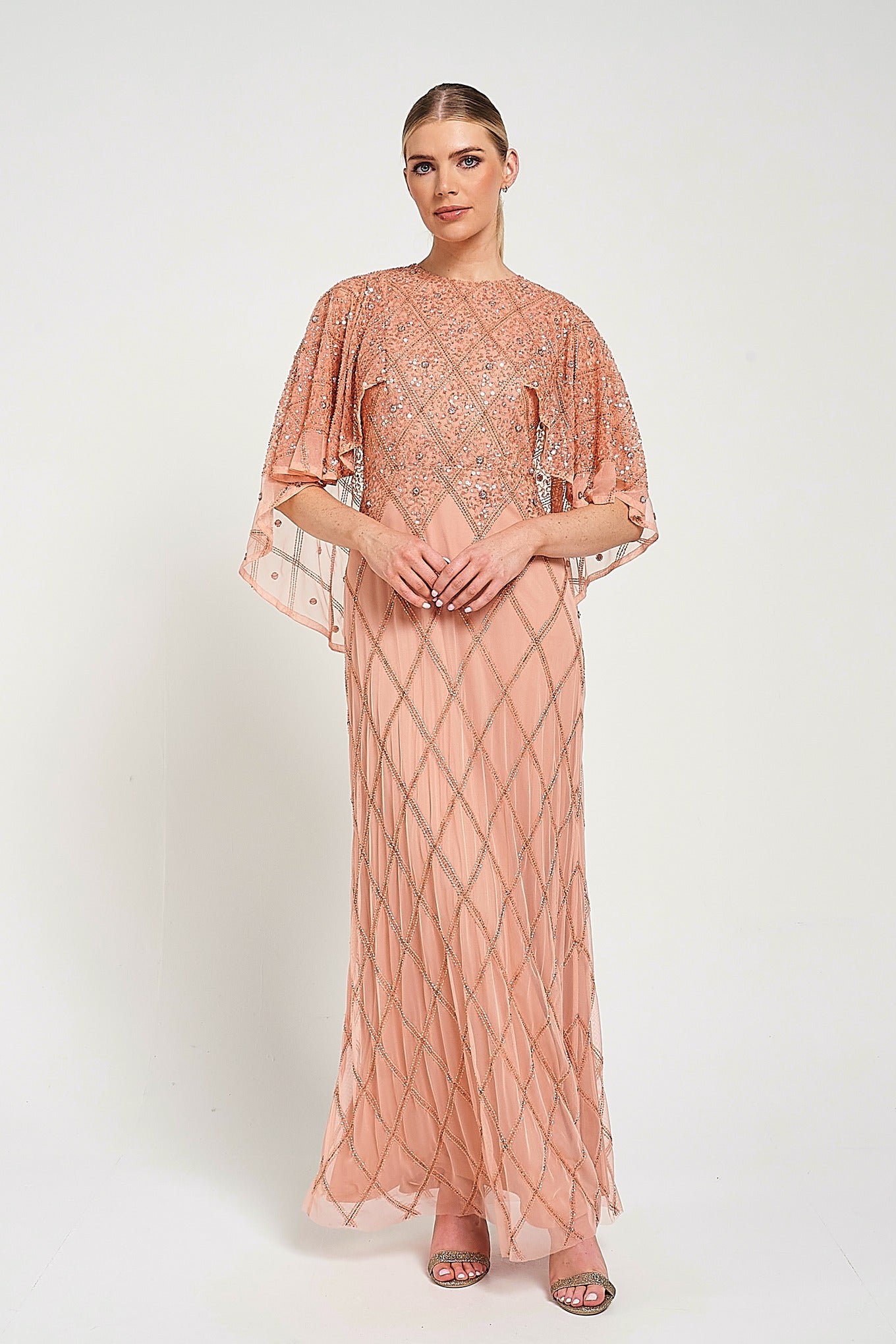 Selina Peach Embellished Cape Detail Maxi Dress Frock and Frill Selina Peach Embellished Cape Detail Maxi Dress Frock and Frill