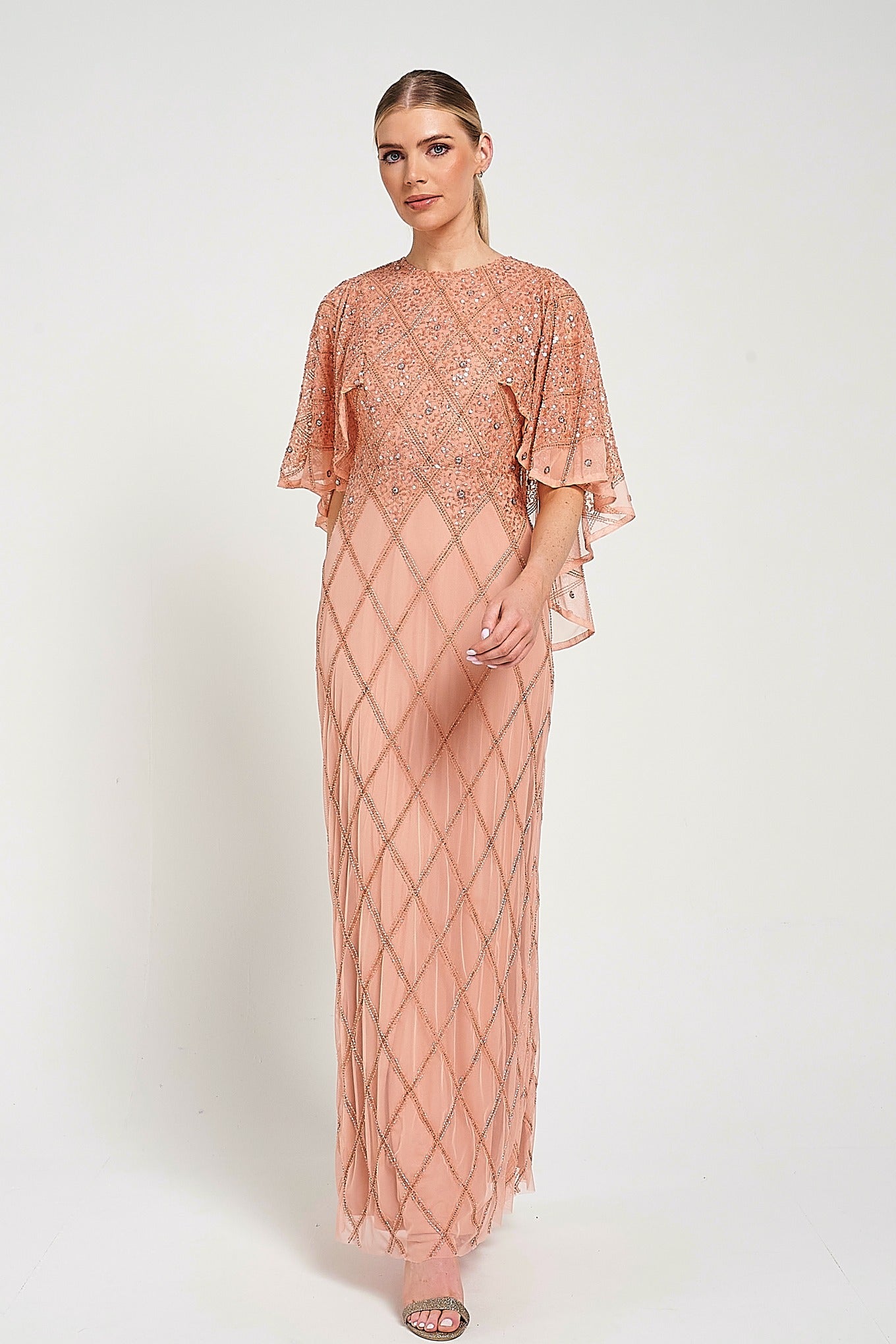 Selina Peach Embellished Cape Detail Maxi Dress Frock and Frill Selina Peach Embellished Cape Detail Maxi Dress Frock and Frill