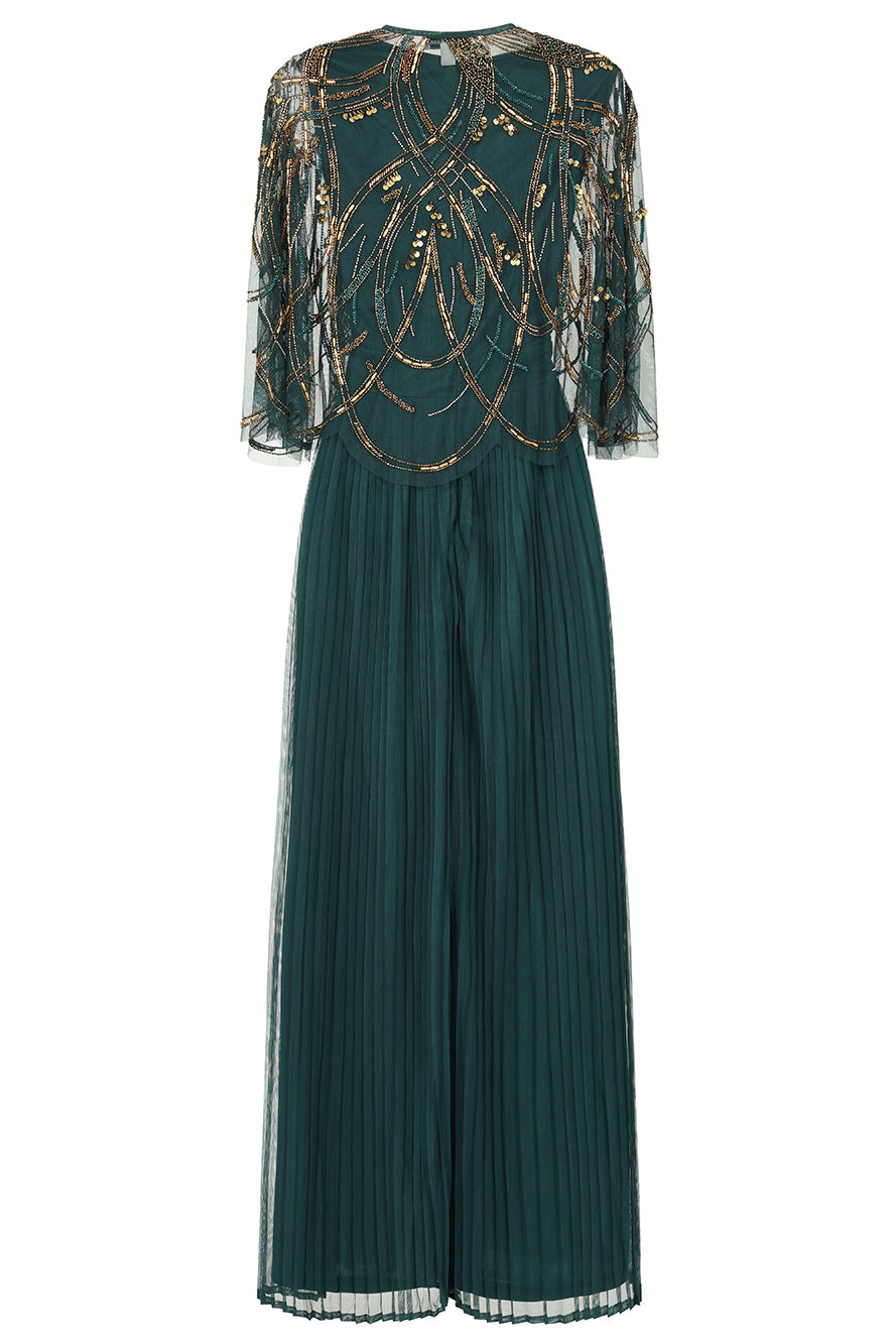 Green embellished maxi dress with flowing pleated skirt and detachable sheer cape overlay, featuring gold bead detailing and an elegant V-neck silhouette for occasion wear.