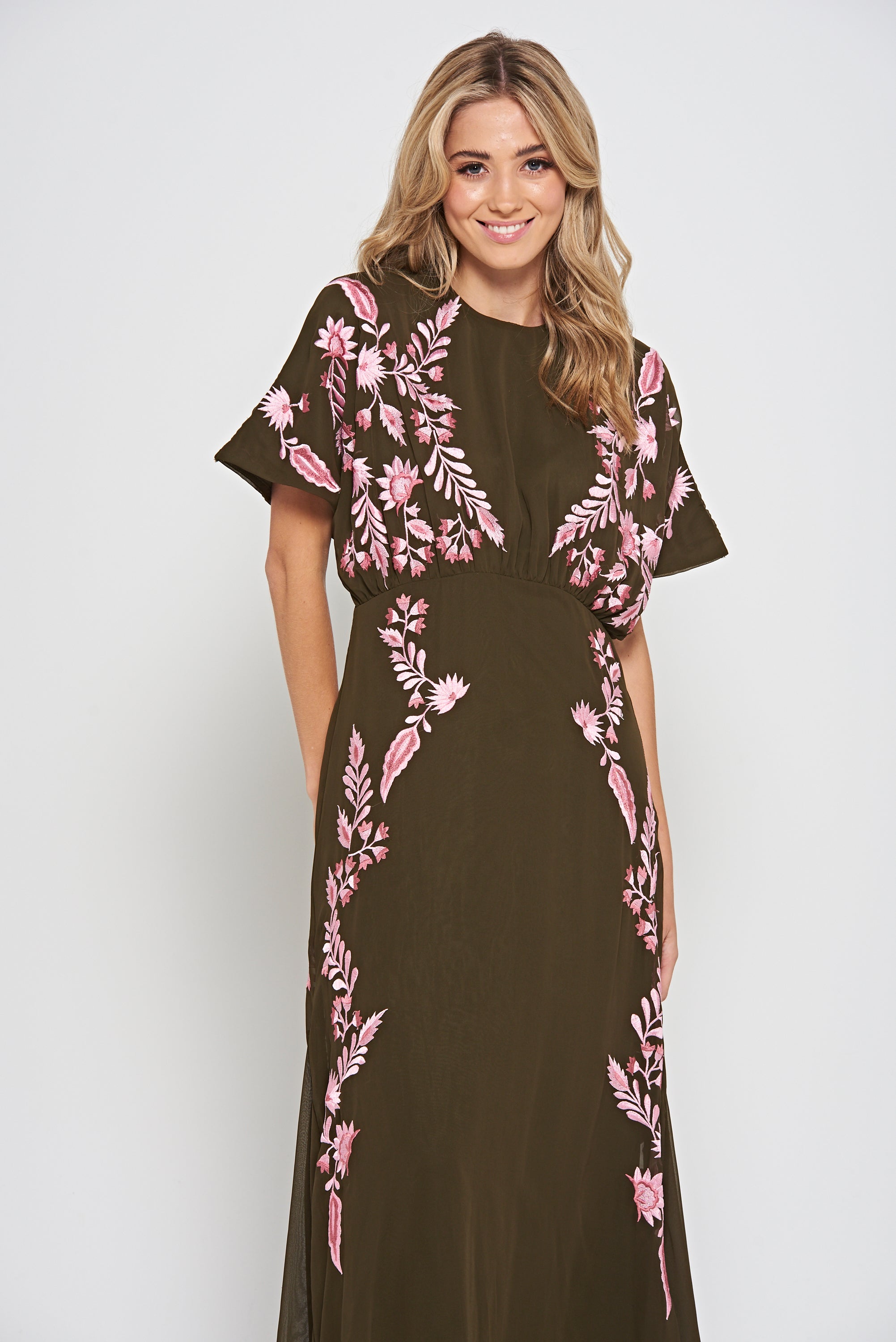 Sienna Olive Floral Embroidered Maxi Dress