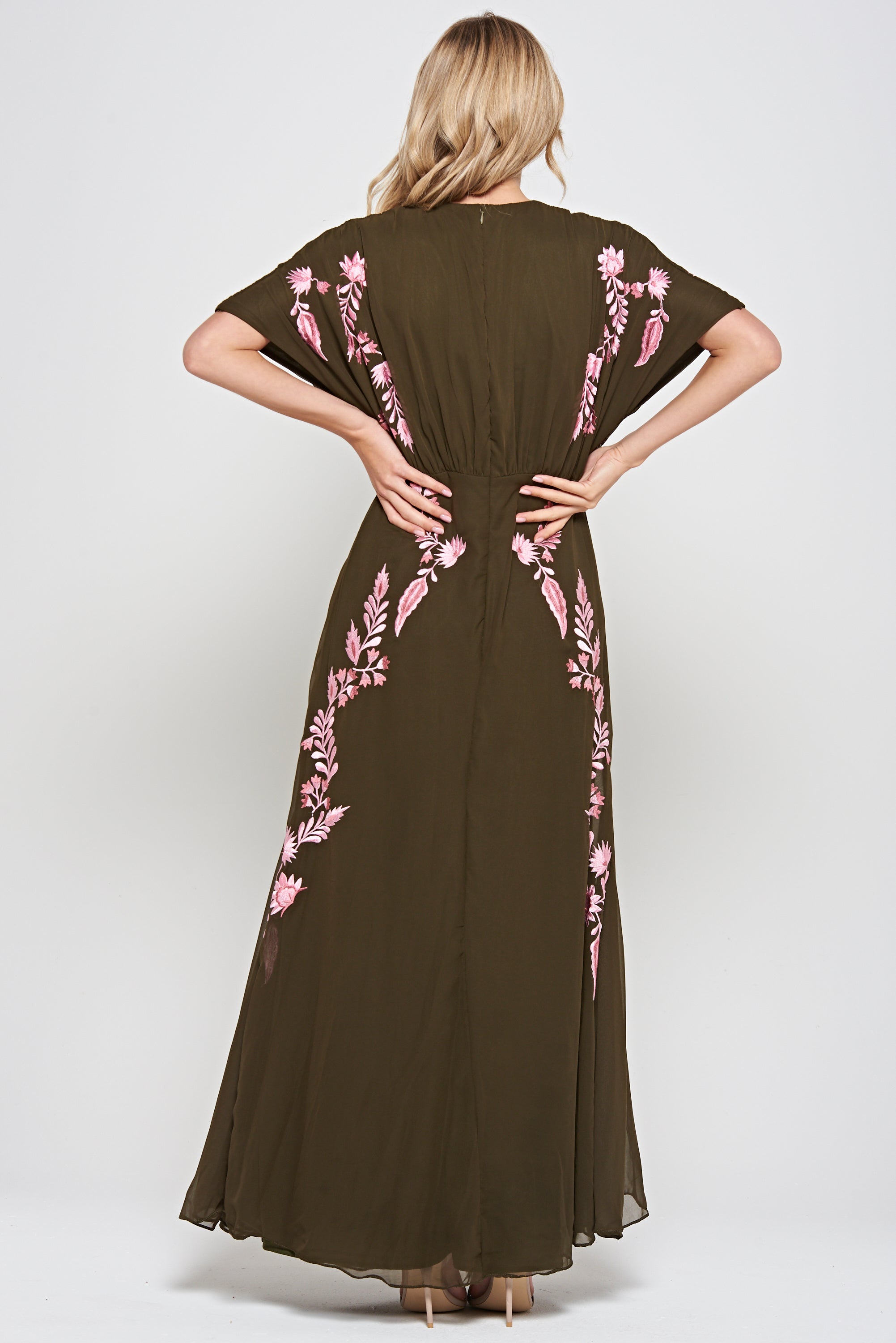 Sienna Olive Floral Embroidered Maxi Dress