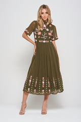 Silvia Olive Green Floral Embroidered Midi Dress 