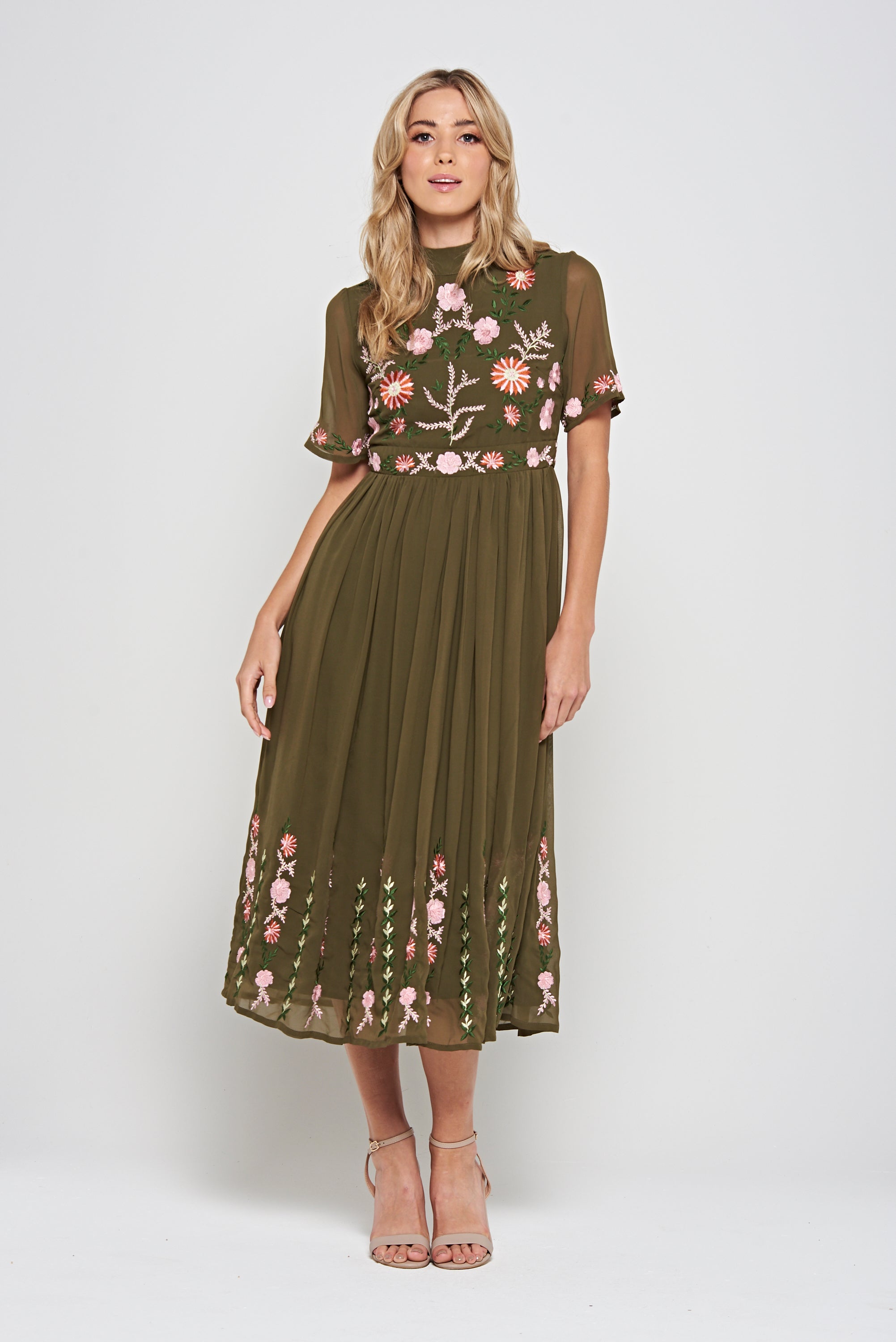 midi dress with embroidery Silvia Olive Floral Embroidered Midi Dress – Frock and Frill