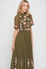 Silvia Olive Green Floral Embroidered Midi Dress 