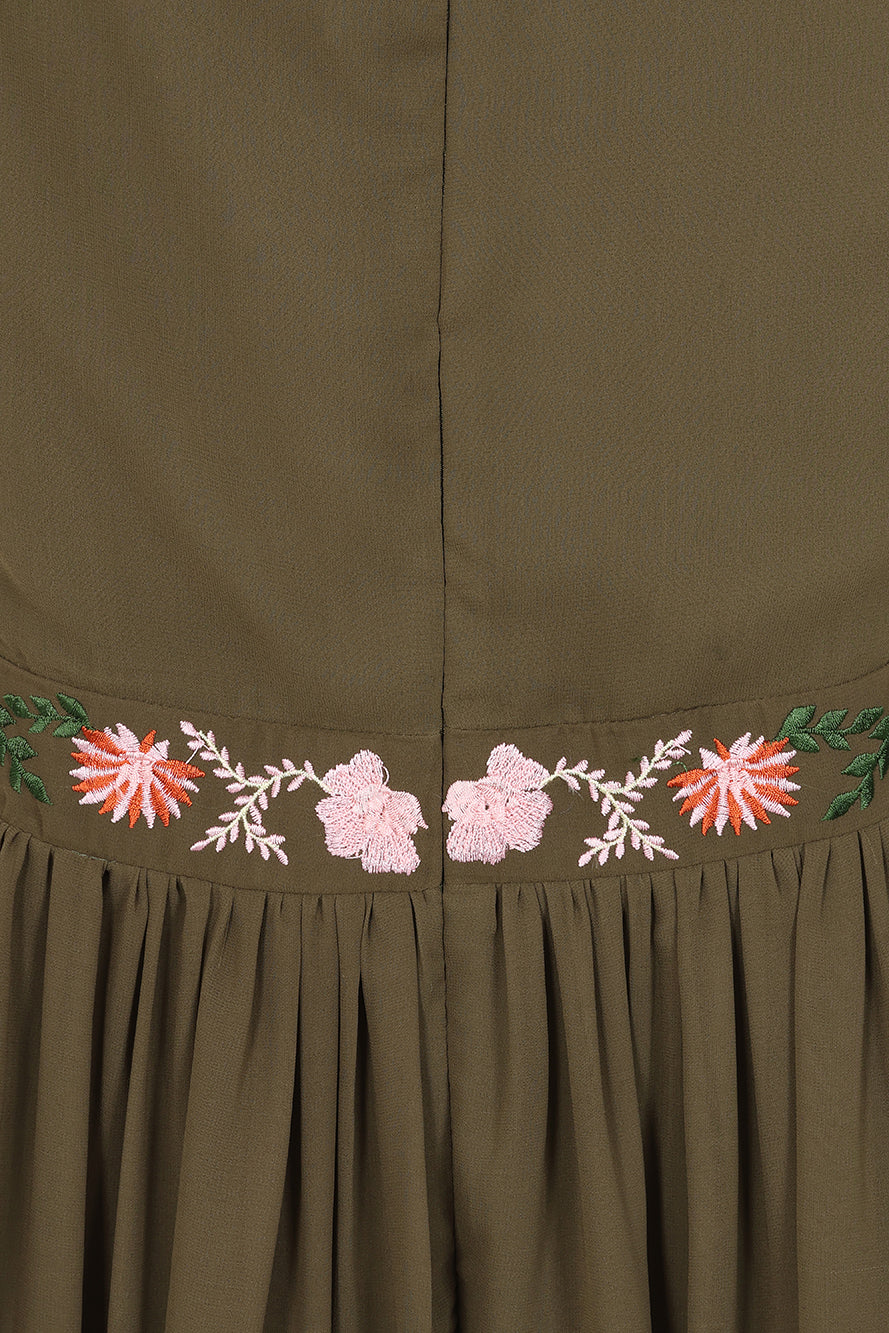 Silvia Olive Green Floral Embroidered Midi Dress 