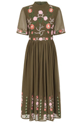 Silvia Olive Green Floral Embroidered Midi Dress 