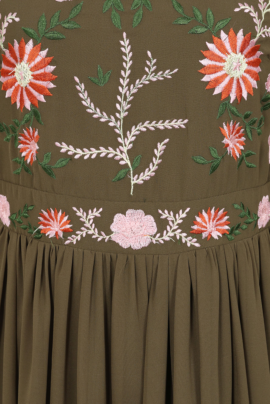 Silvia Olive Floral Embroidered Midi Dress Frock and Frill Silvia Olive Floral Embroidered Midi Dress Frock and Frill