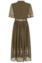 Silvia Olive Green Floral Embroidered Midi Dress 