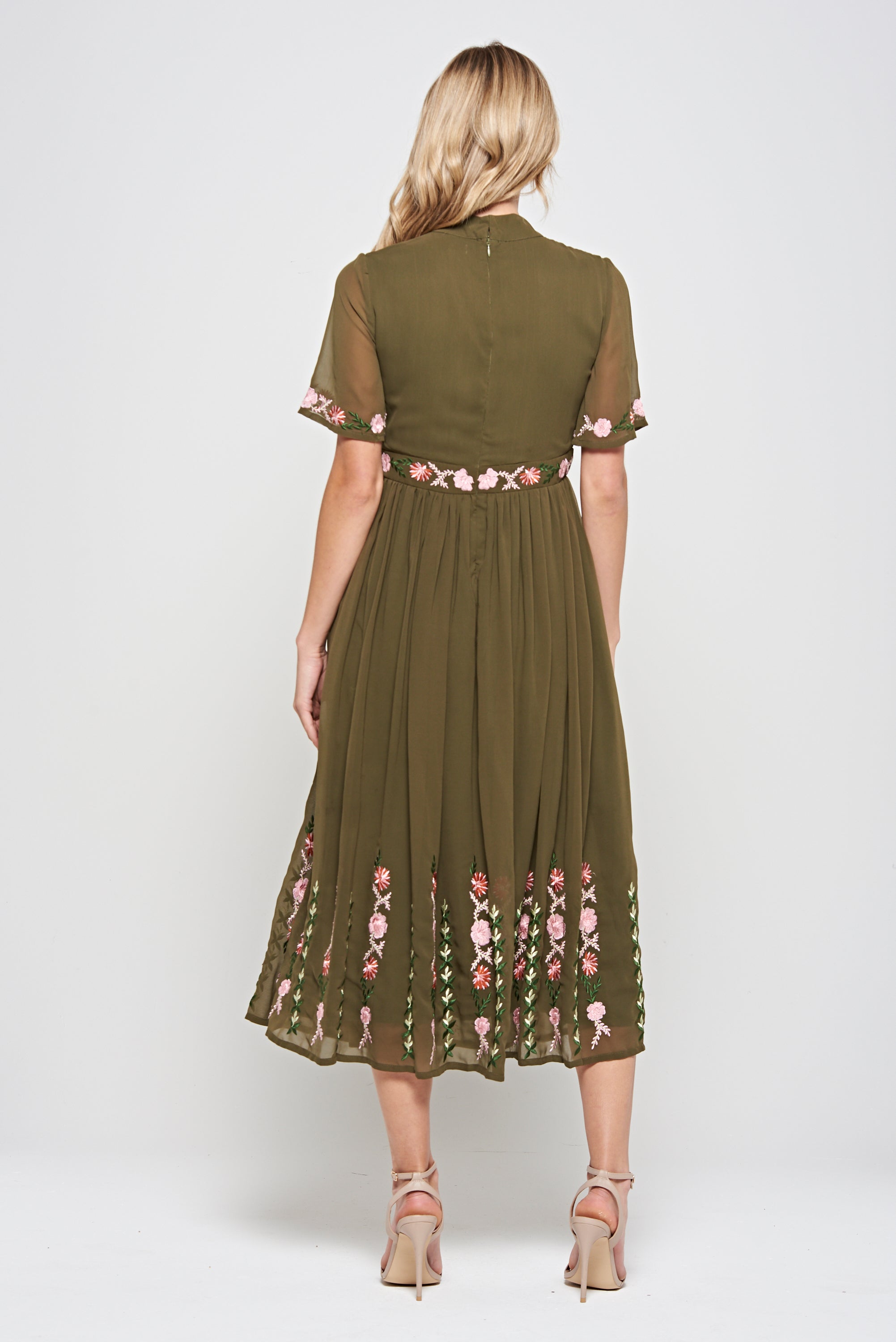 Silvia Olive Green Floral Embroidered Midi Dress 
