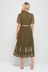 Silvia Olive Green Floral Embroidered Midi Dress 
