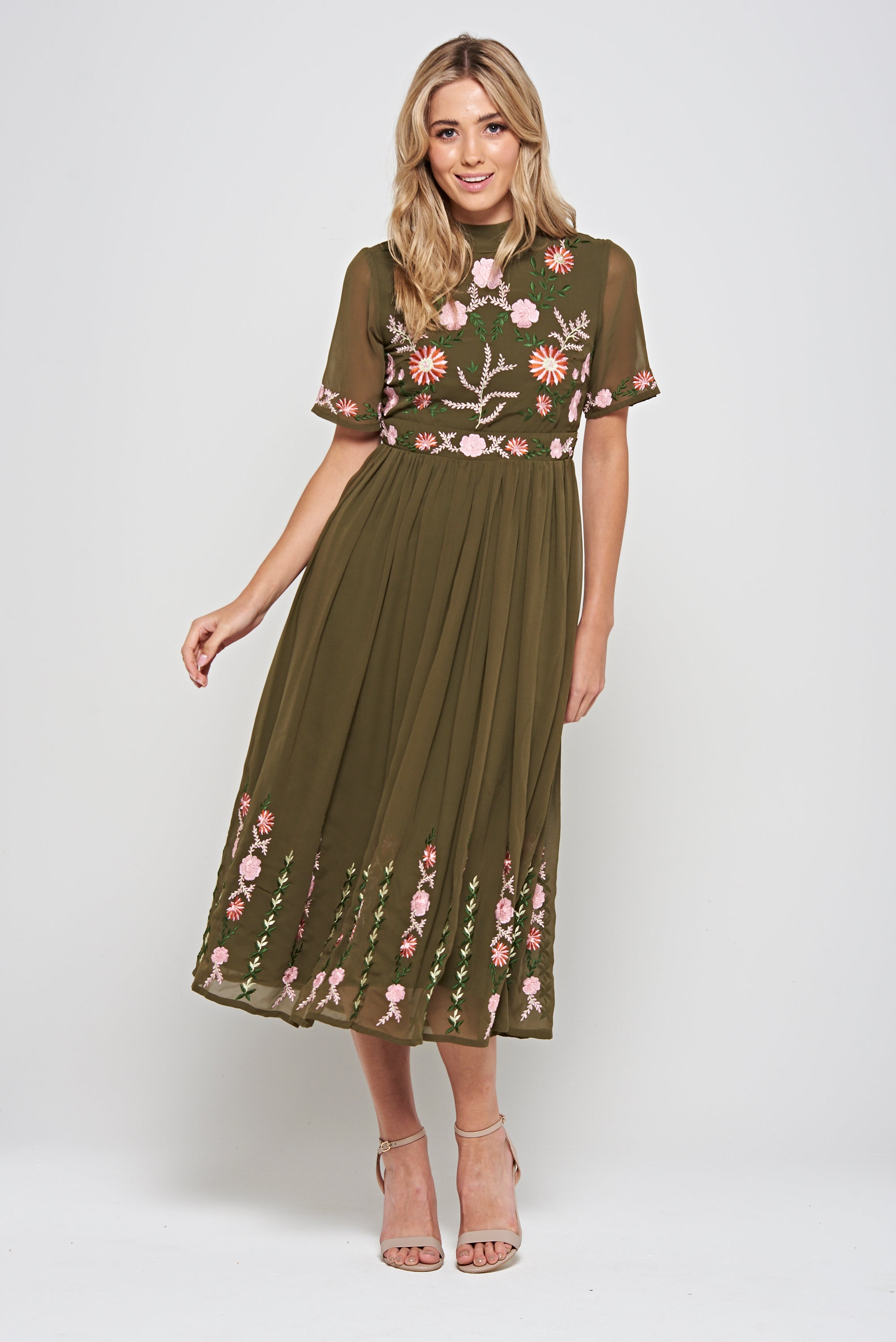 Silvia Olive Floral Embroidered Midi Dress Frock and Frill Silvia Olive Floral Embroidered Midi Dress Frock and Frill