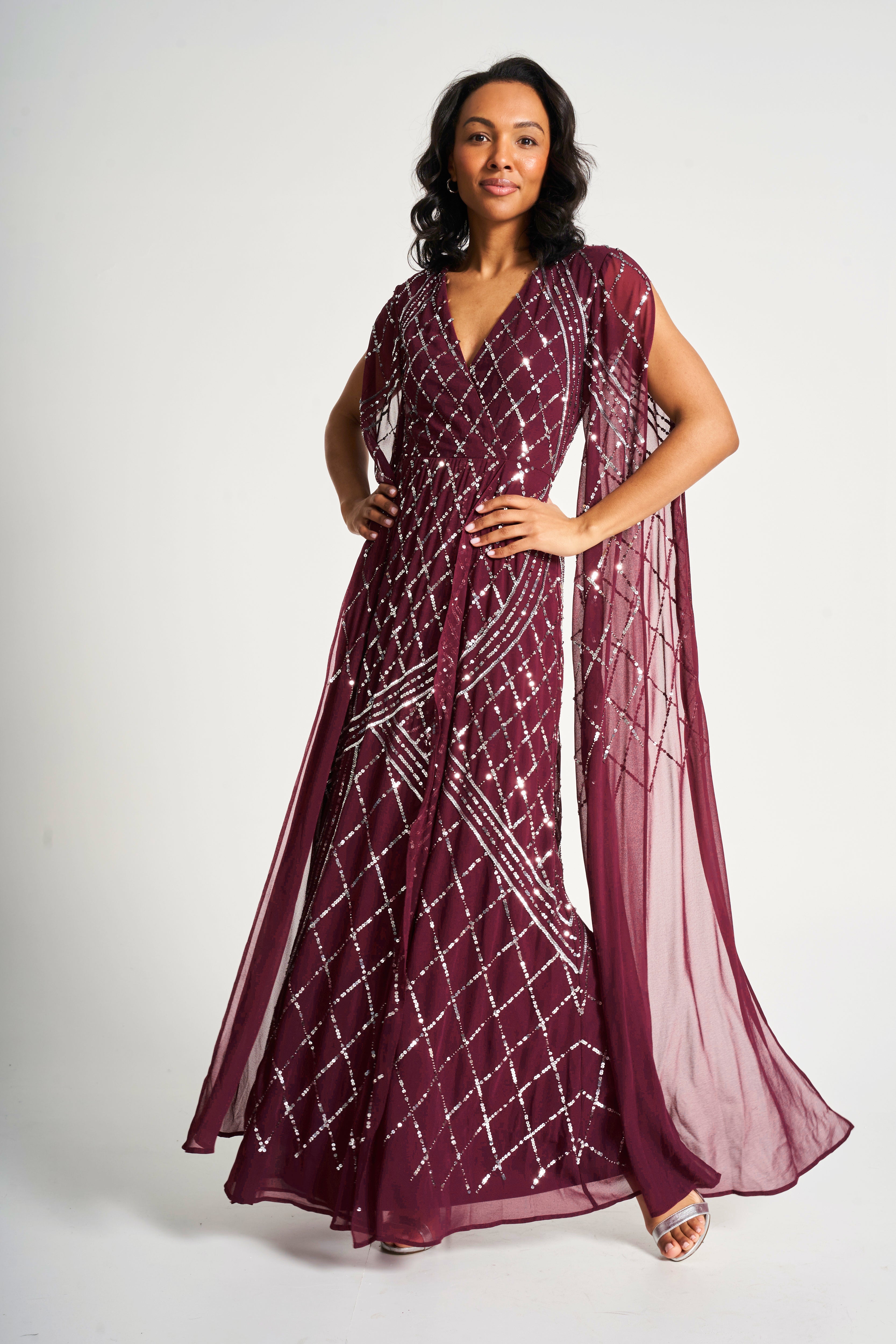 Simone Tawny Port Sequin Cape Sleeve Maxi Dress