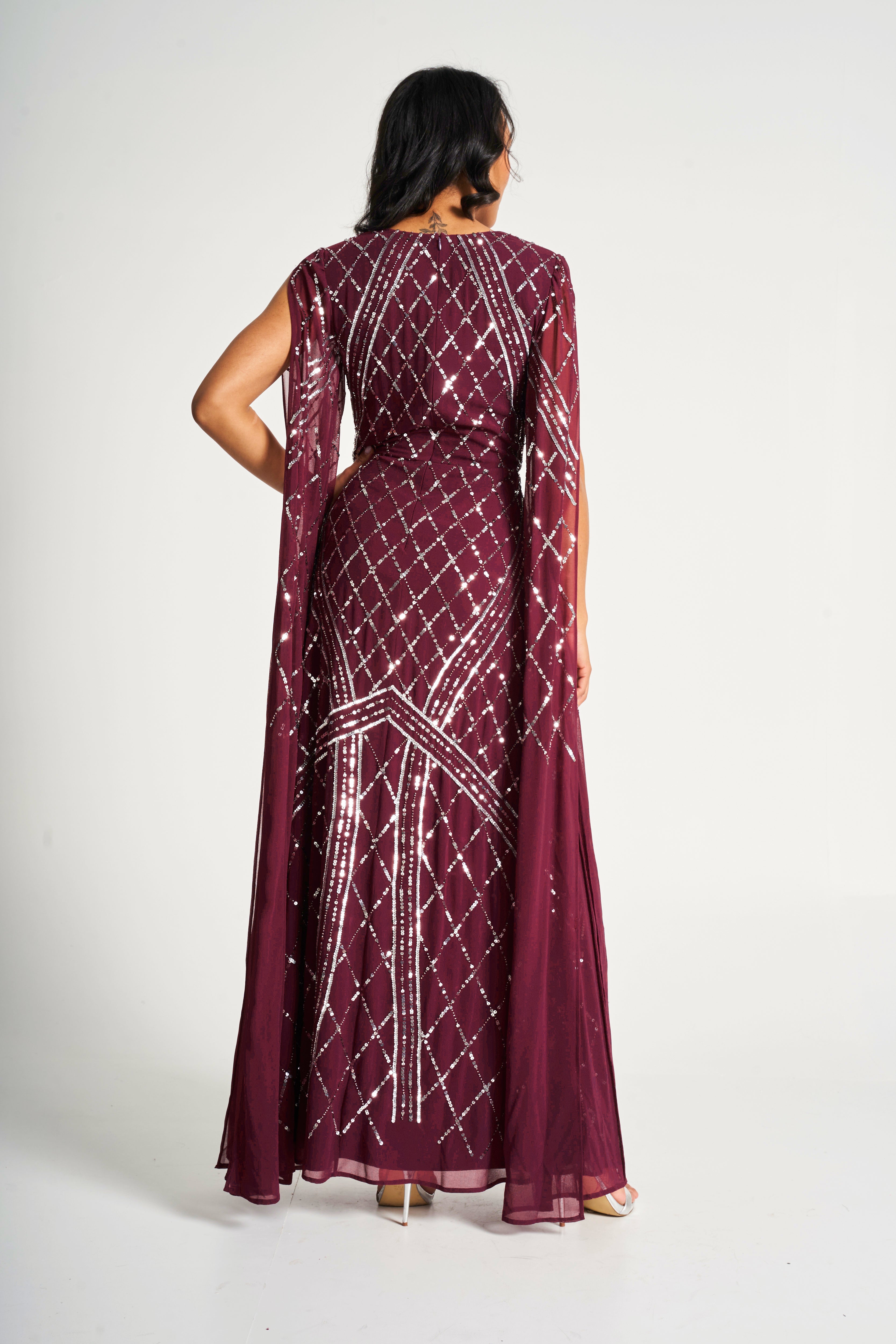 Simone Tawny Port Sequin Cape Sleeve Maxi Dress