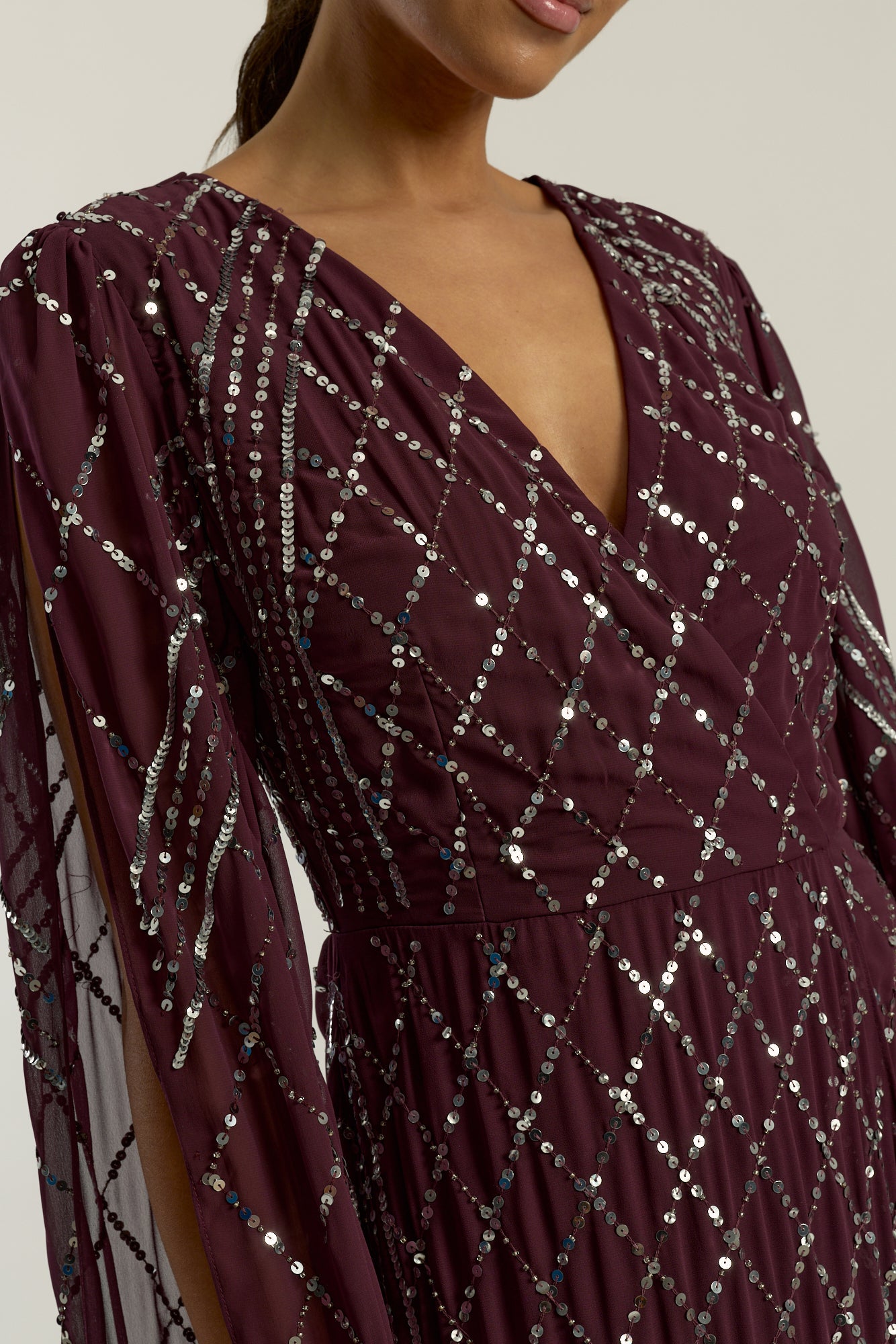 Simone Fig Sequin Cape Sleeve Maxi Dress
