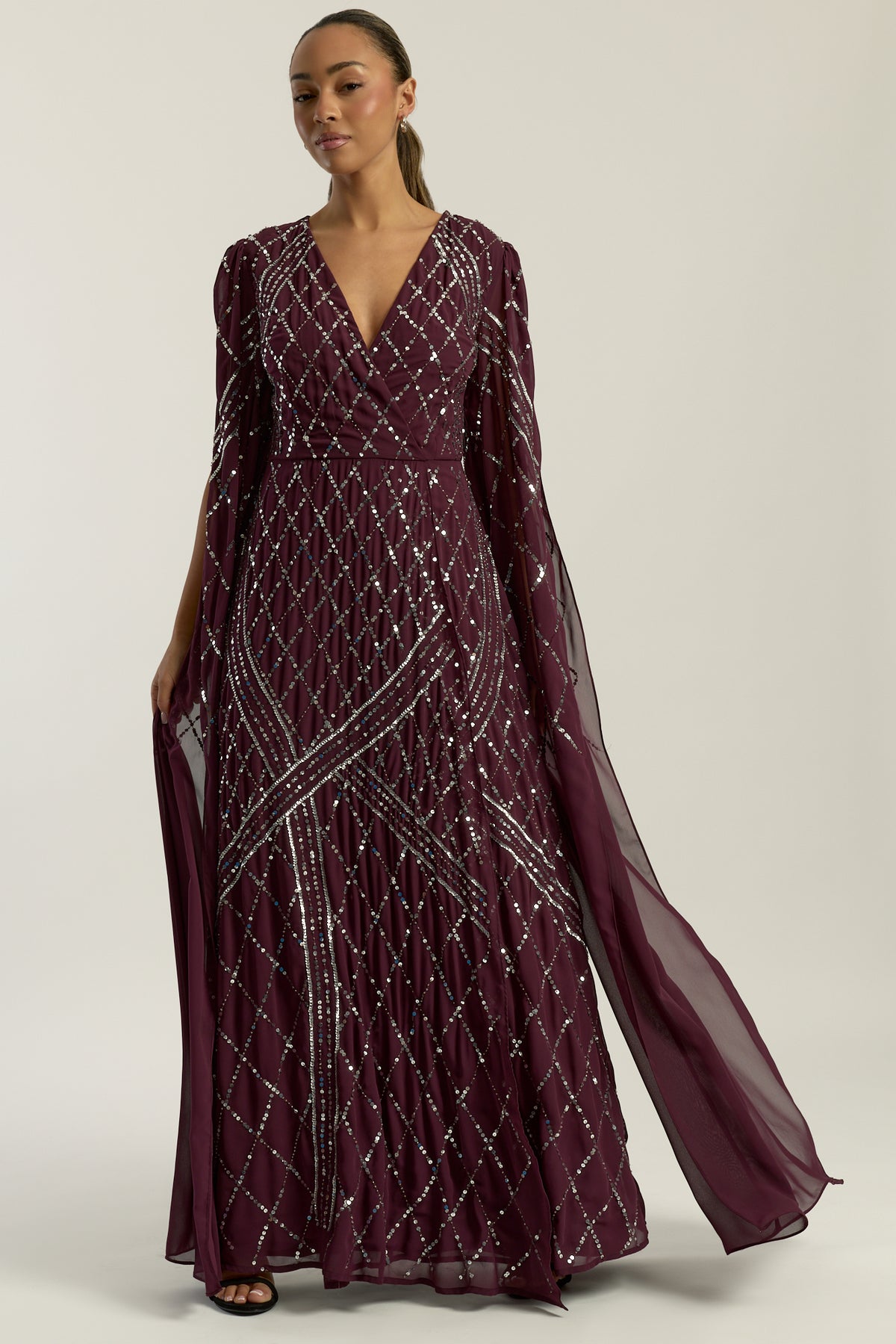 Simone Fig Sequin Cape Sleeve Maxi Dress