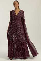 Simone Fig Sequin Cape Sleeve Maxi Dress