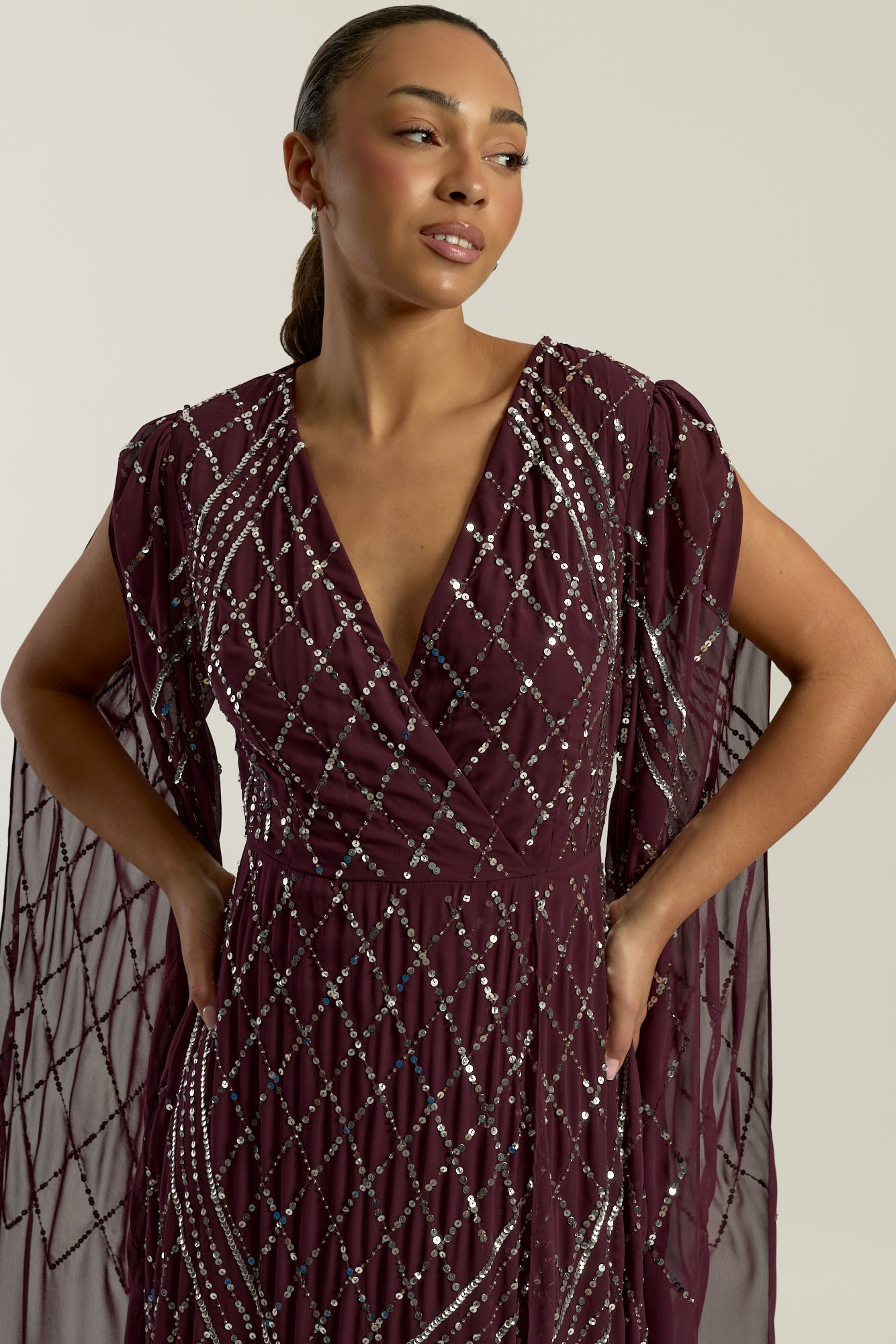 Simone Fig Sequin Cape Sleeve Maxi Dress