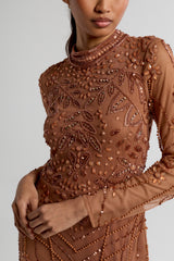 Solene bronze embellished maxi dress with high neckline, side split skirt, and open back, perfect for weddings, formal occasions, and evening events.