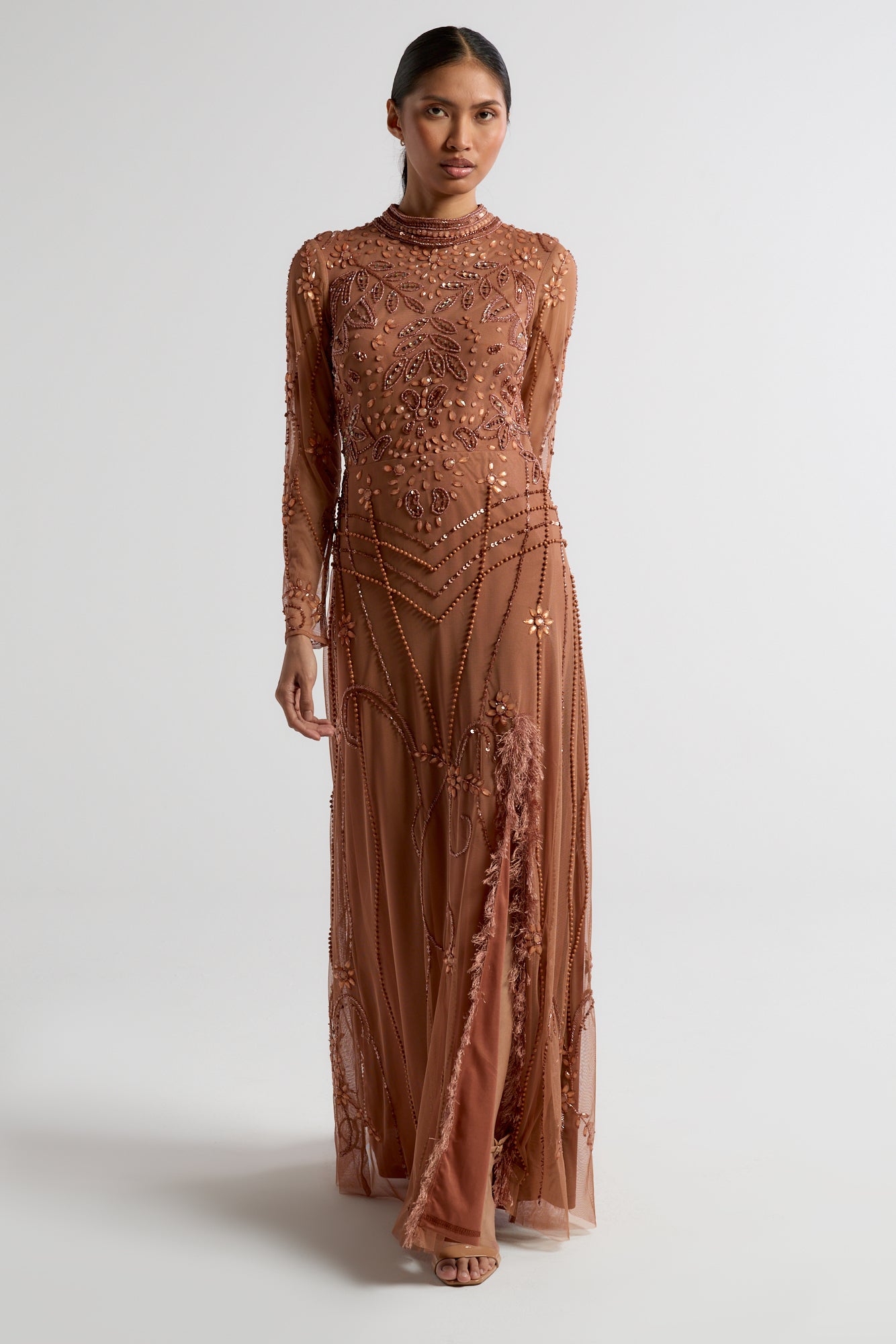 Solene bronze embellished maxi dress with high neckline, side split skirt, and open back, perfect for weddings, formal occasions, and evening events.
