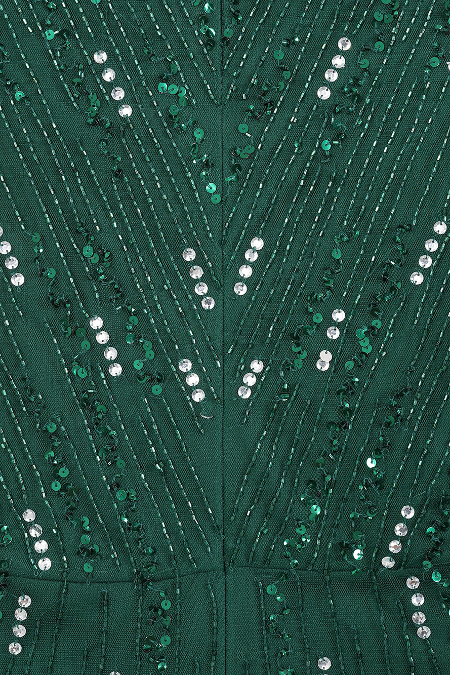 Sophia green high neck embellished maxi dress with full length sleeves and intricate embellishment, suitable for weddings and formal occasions.