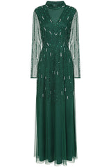 Sophia green high neck embellished maxi dress with full length sleeves and intricate embellishment, suitable for weddings and formal occasions.