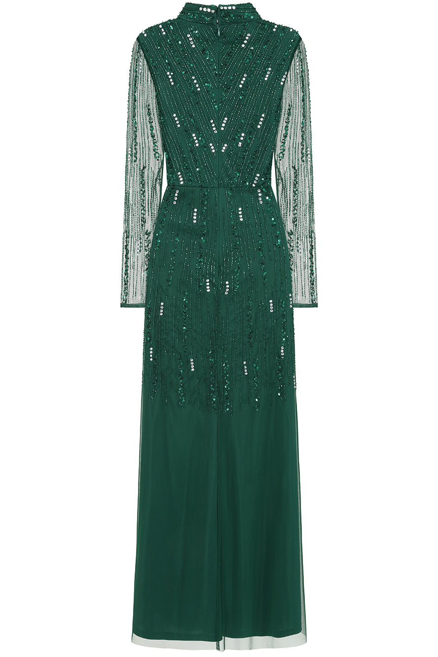 Sophia green high neck embellished maxi dress with full length sleeves and intricate embellishment, suitable for weddings and formal occasions.