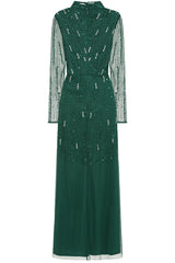 Sophia green high neck embellished maxi dress with full length sleeves and intricate embellishment, suitable for weddings and formal occasions.