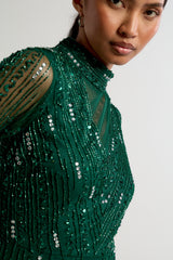 Sophia green high neck embellished maxi dress with full length sleeves and intricate embellishment, suitable for weddings and formal occasions.