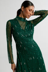 Sophia green high neck embellished maxi dress with full length sleeves and intricate embellishment, suitable for weddings and formal occasions.