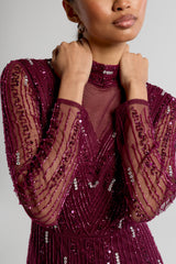 Sophia purple high neck embellished maxi dress with long sleeves, full coverage, and intricate beading, suitable for weddings and formal occasions.