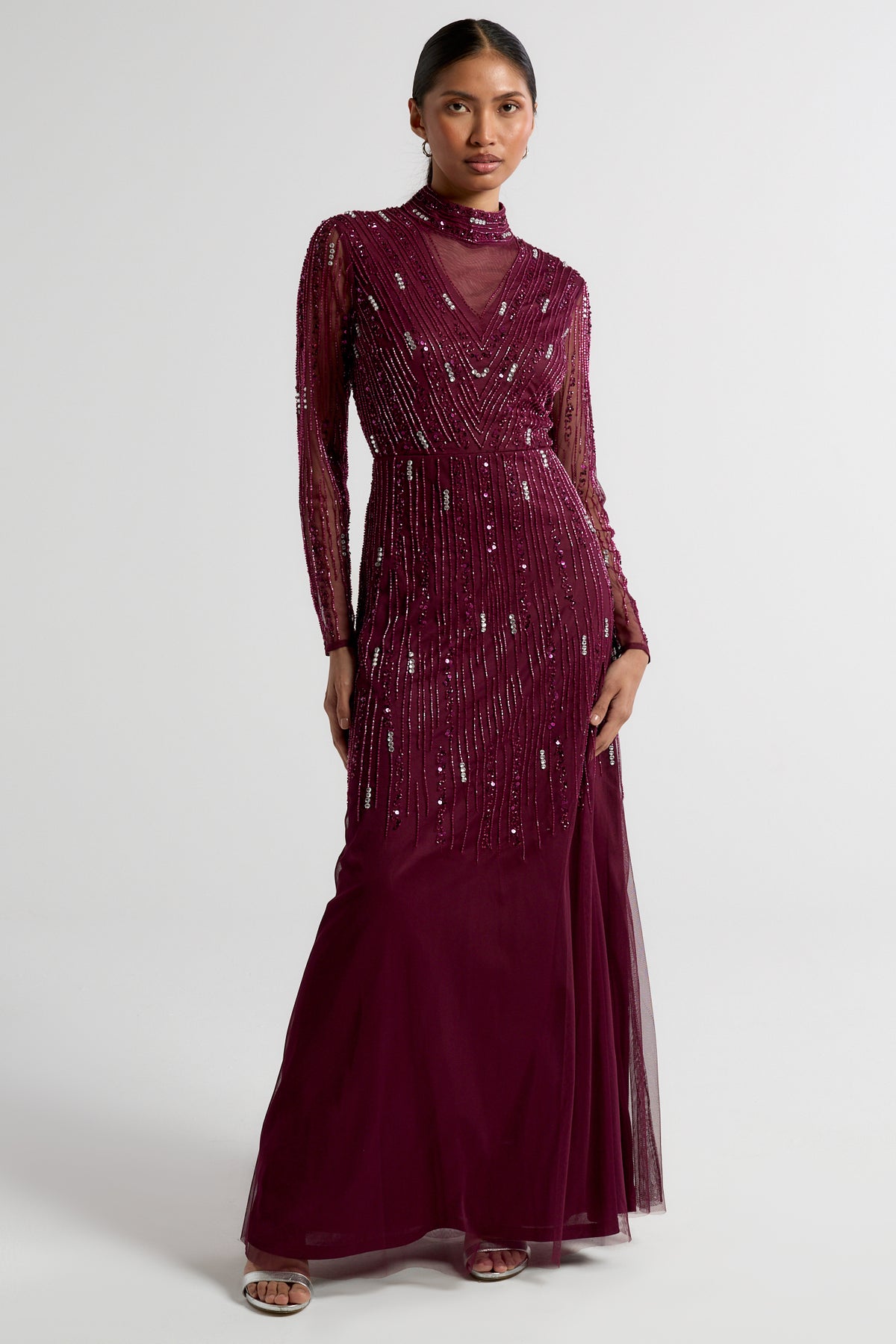 Sophia purple high neck embellished maxi dress with long sleeves, full coverage, and intricate beading, suitable for weddings and formal occasions.