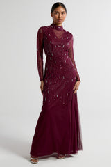 Sophia purple high neck embellished maxi dress with long sleeves, full coverage, and intricate beading, suitable for weddings and formal occasions.