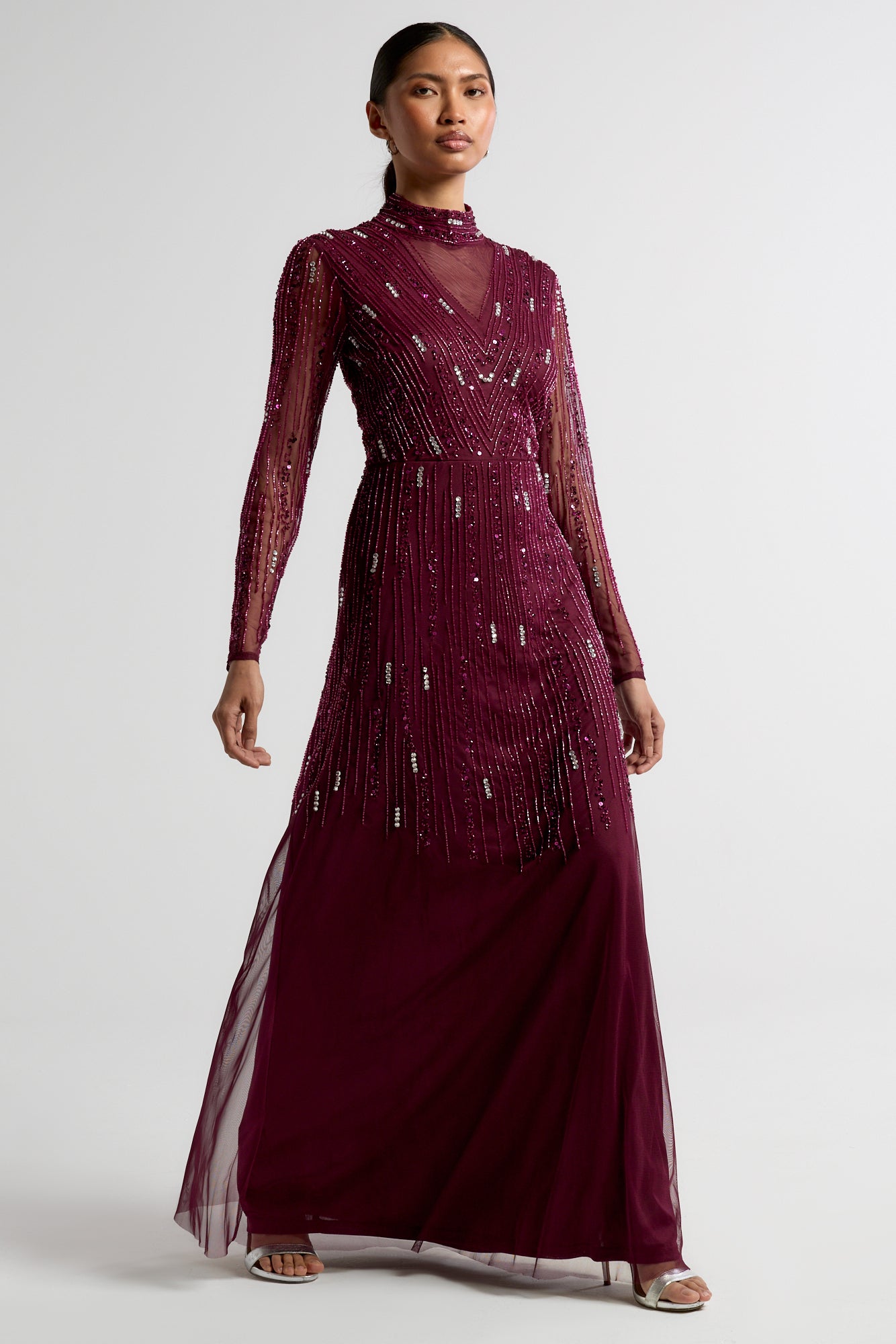 Sophia purple high neck embellished maxi dress with long sleeves, full coverage, and intricate beading, suitable for weddings and formal occasions.