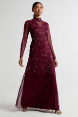Sophia purple high neck embellished maxi dress with long sleeves, full coverage, and intricate beading, suitable for weddings and formal occasions.